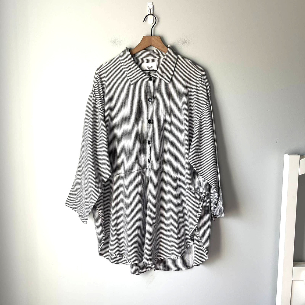 FLAX Women's Blue White Stripe 100% Linen Button Front Tunic Lagenlook Size S